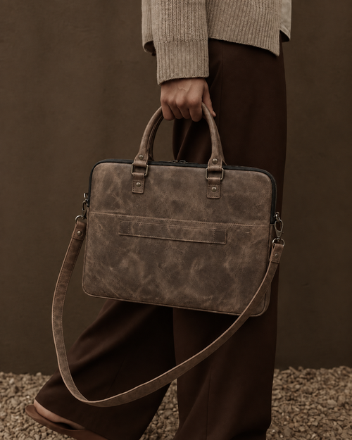 Taupe Grey Leather Laptop Sleeve Bag